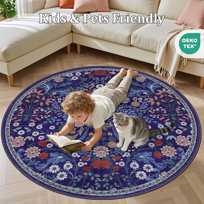 Round Area Rug for Living Room: 4 ft Floral Washable Circle Rug Soft Boho - Image 8