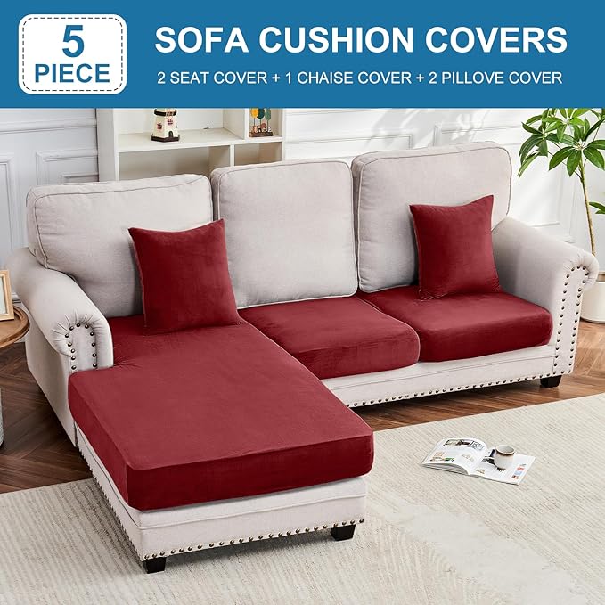 Couch Cover 3-Piece Elastic Velvet Couch Cushion Covers & Chaise Slipcovers - Image 3