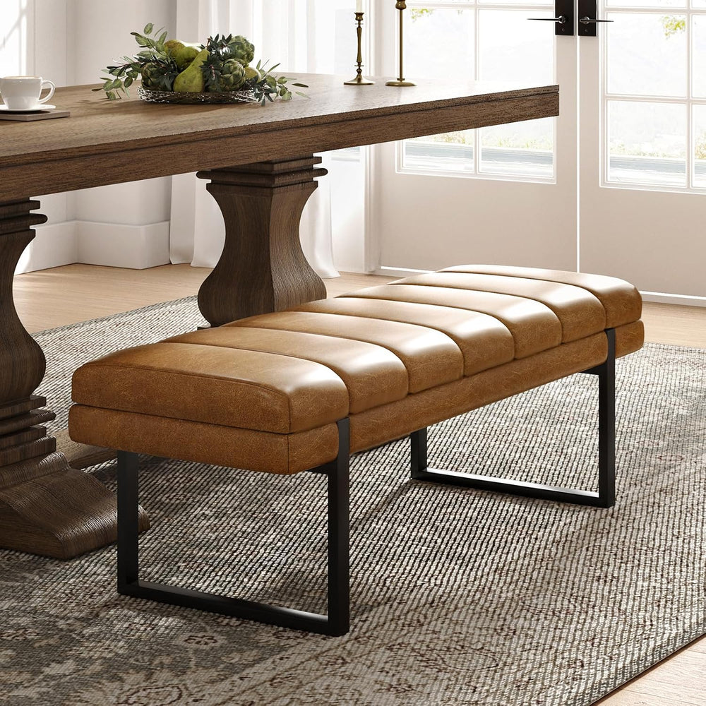 HULALA HOME 53" Faux Leather Tufted Entryway Bench, Camel