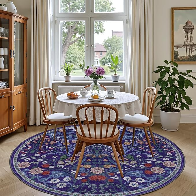 Round Area Rug for Living Room: 6 ft Floral Washable Circle Rug Soft Boho - Image 4