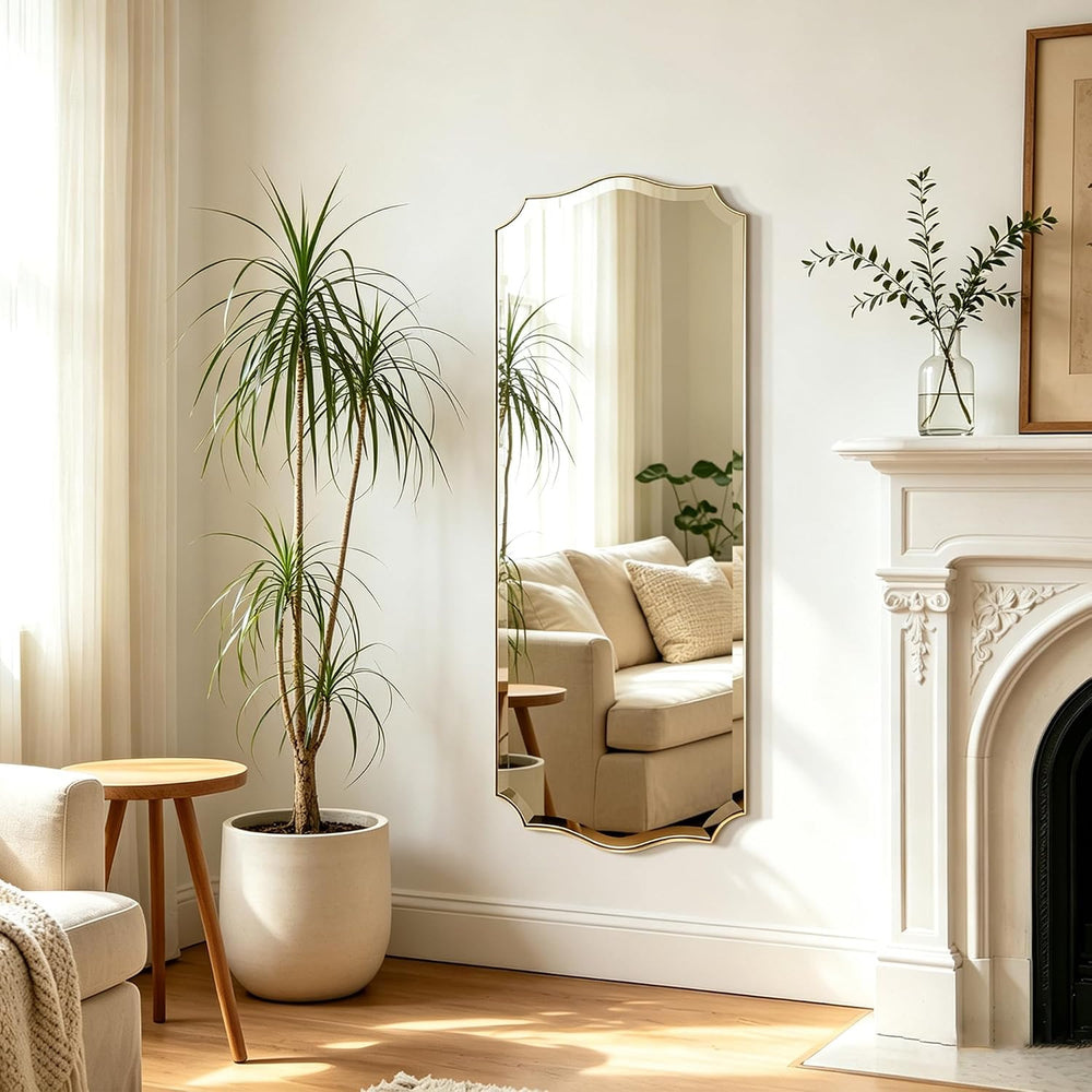 POZINO Scalloped Beveled Mirror 48"x18" Large Brushed Gold Bathroom...
