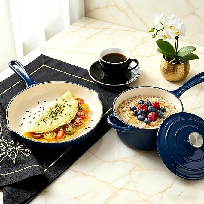 QuliMetal Enameled Cast Iron Cookware Set, 4-Piece Pots and Pans Set