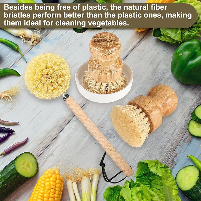 Wooden Dish Brush Set Clean Pots, Pans and Vegetable, Natural Bristles Bamboo - Image 3