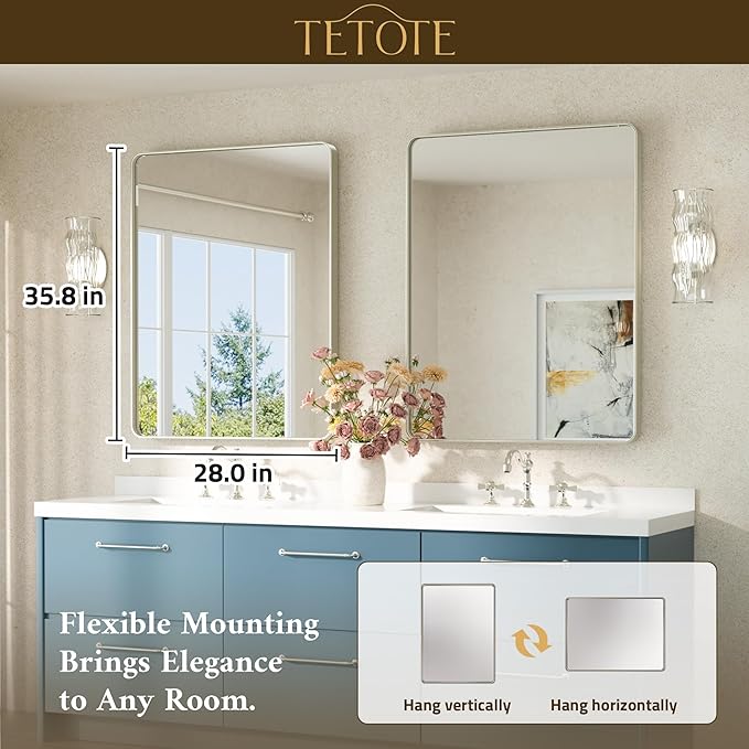 TETOTE Brushed Nickel Mirror 28 x 36 Brushed Nickel Metal Framed Bathroom Mir...