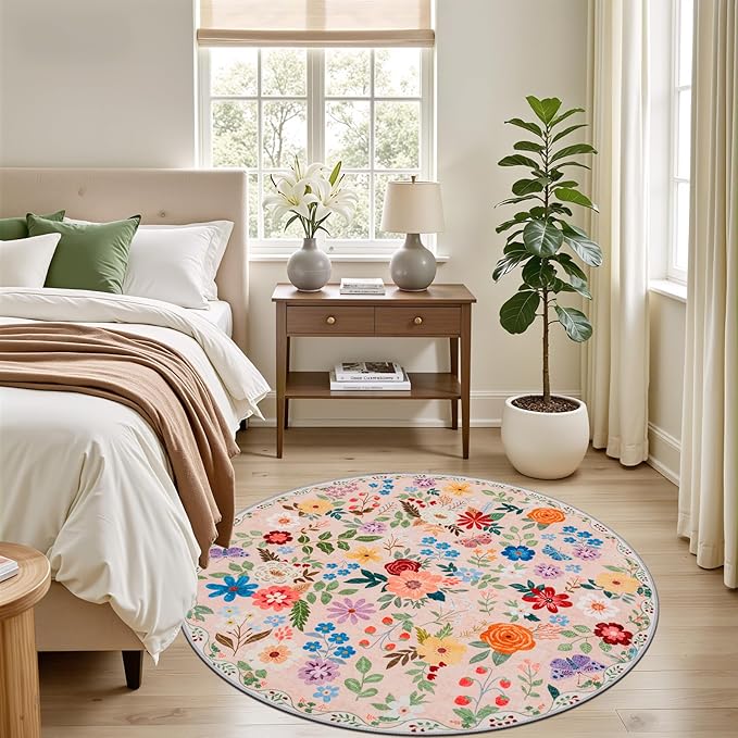 Round Area Rug for Living Room: 4 ft Floral Washable Circle Rug Soft Boho - Image 3