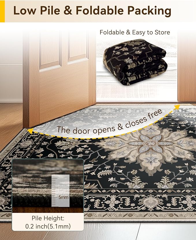 Area Rugs 4'x5' Washable Non-Slip, Floral Vintage Distress Print Pattern - Image 4