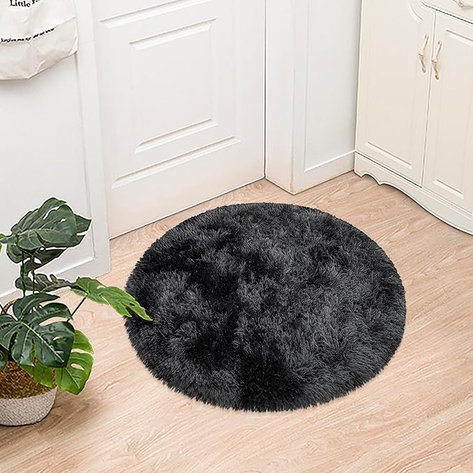 Tie Dye Black Round Rugs Small 3x3 ft Fluffy Circle Rug Furry Carpet Shaggy by JiaoBaba