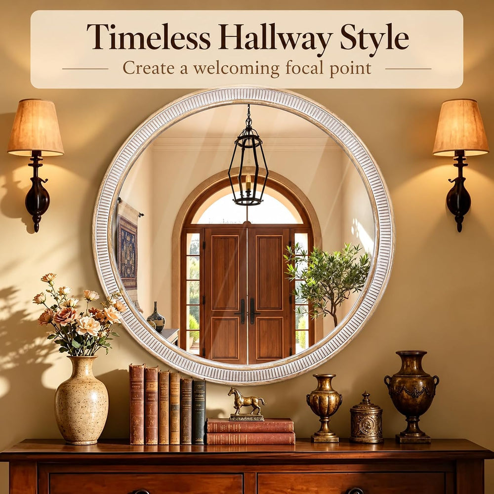 36 Inch Large Round Wood Mirror, Farmhouse Bathroom Mirrors for Wall