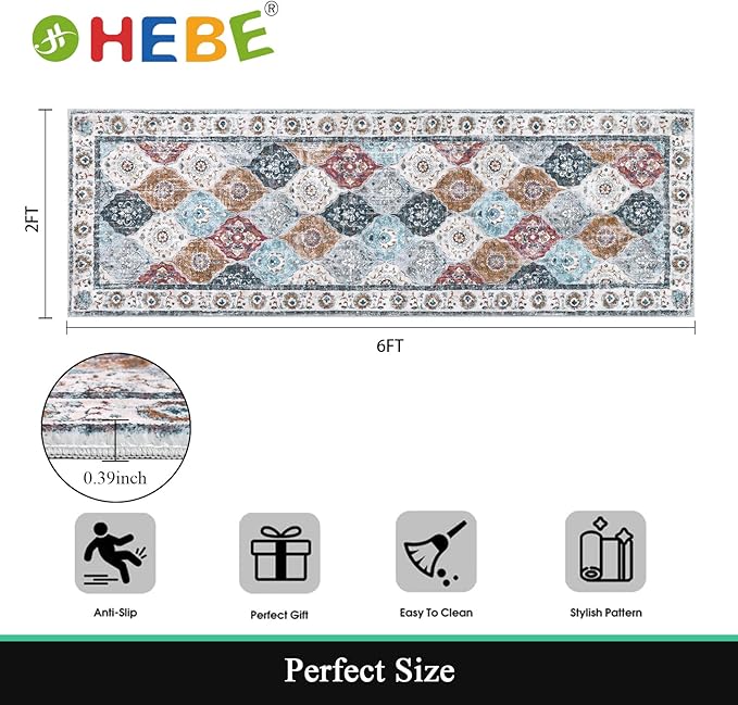 HEBE Hallway Runner Rug 2'x6' Washable Vintage Distressed Area Rugs Non Slip - Image 2