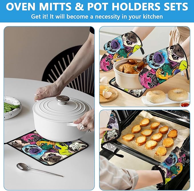 Colorful Pug Dog Face Oven Mitts and Pot Holders Sets Heat Resistant 4Pcs - Image 6