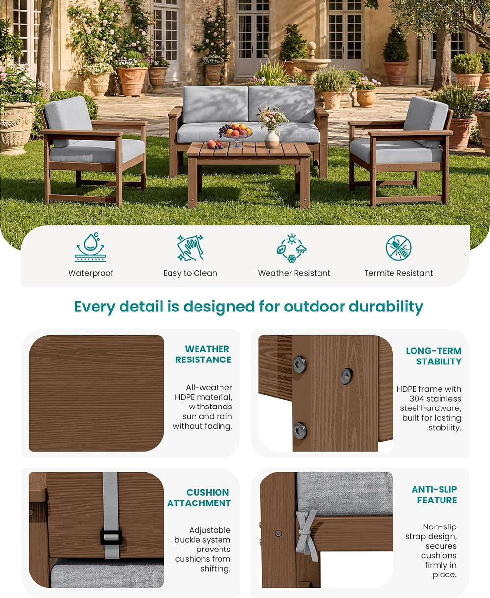 SERWALL 3 Pieces HDPE Outdoor Sofa Bistro Set with Cushions & Coffee Table