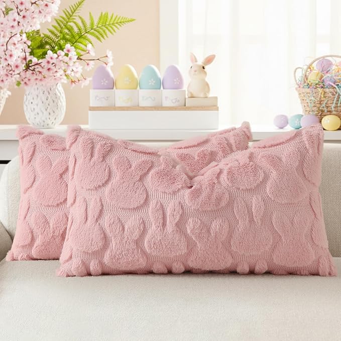 decorUhome Easter Bunny Pillow Covers 12x20 Inch Set of 2, Soft Plush Faux Wool by decorUhome