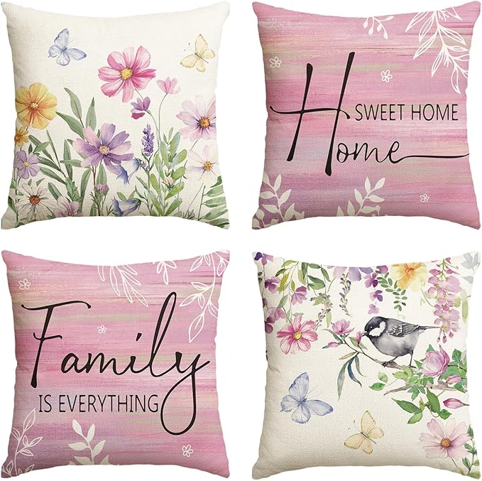 AVOIN colorlife Spring Saying Flowers Butterfly Pink Throw Pillow Covers by AVOINcolorlife