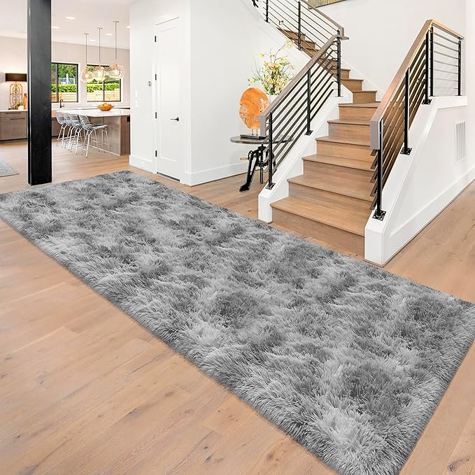 Super Soft Fluffy Living Room Area Rug 3x10 ft Tie-Dyed Light Grey Shaggy Furry by JiaoBaba