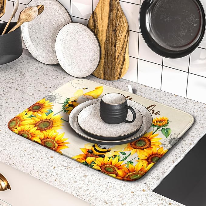 Giwawa Bee Gnomes Dish Drying Mat, Summer Sunflowers Elf Dish Drainer Mats - Image 5