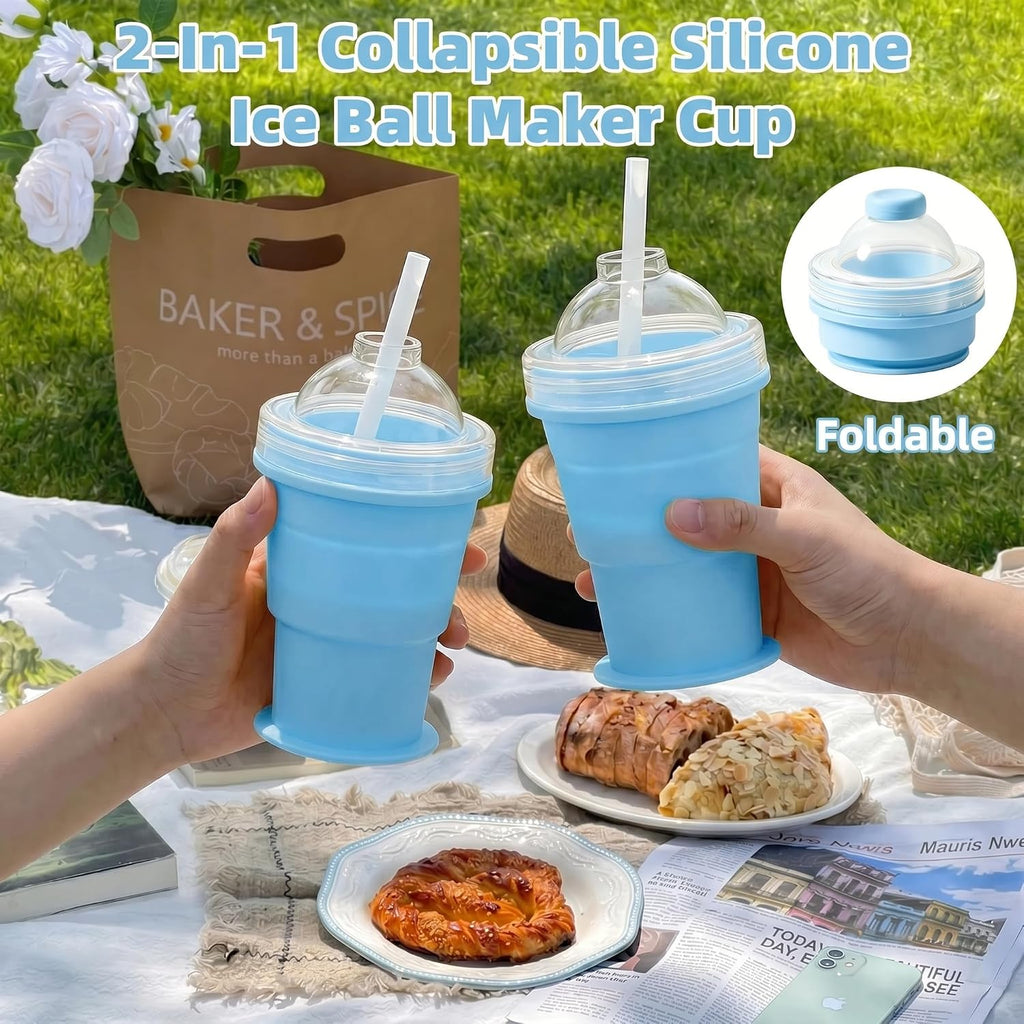 2-in-1 Collapsible Silicone Ice Ball Maker Cup, Reusable Portable Large Ice Sphere Mold with Straw & Lid, Easy to Demo, Leakproof Travel Ice Mold Cup for Coffee,Whiskey,Juice Gym Outdoor-Blue