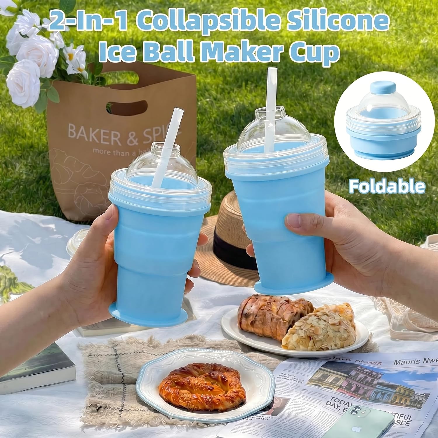 2-in-1 Collapsible Silicone Ice Ball Maker Cup, Reusable Portable Large Ice Sphere Mold with Straw & Lid, Easy to Demo, Leakproof Travel Ice Mold Cup for Coffee,Whiskey,Juice Gym Outdoor-Blue