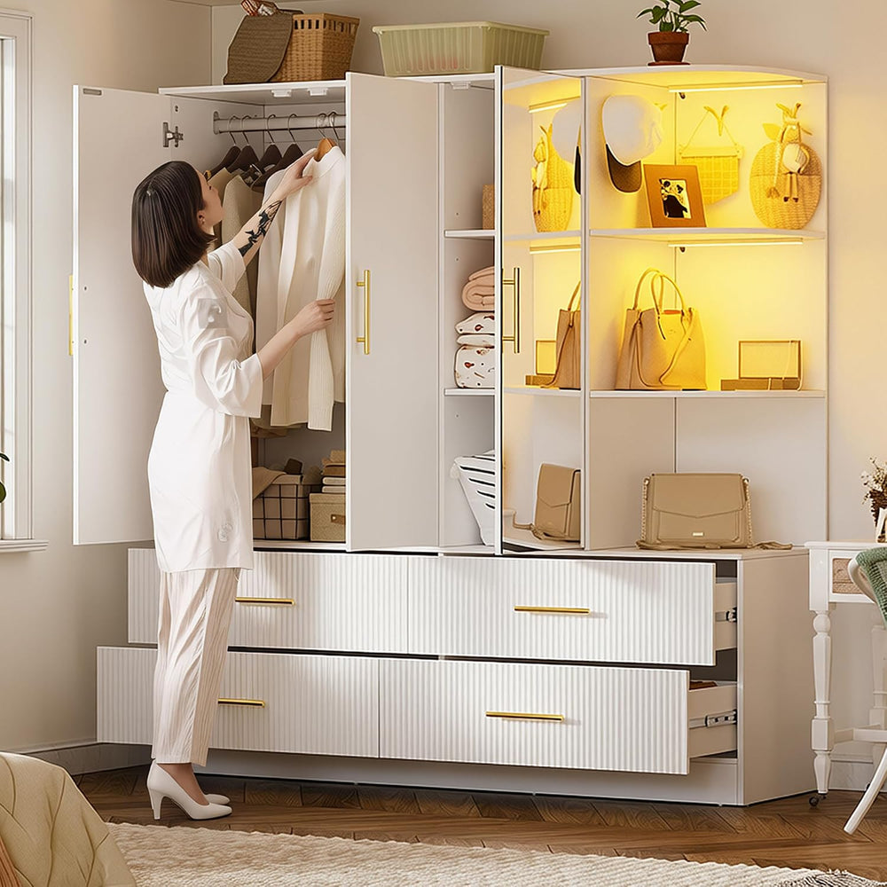 PAKASEPT Armoire Wardrobe Closet with 3 Door, Mirror, LED Lights