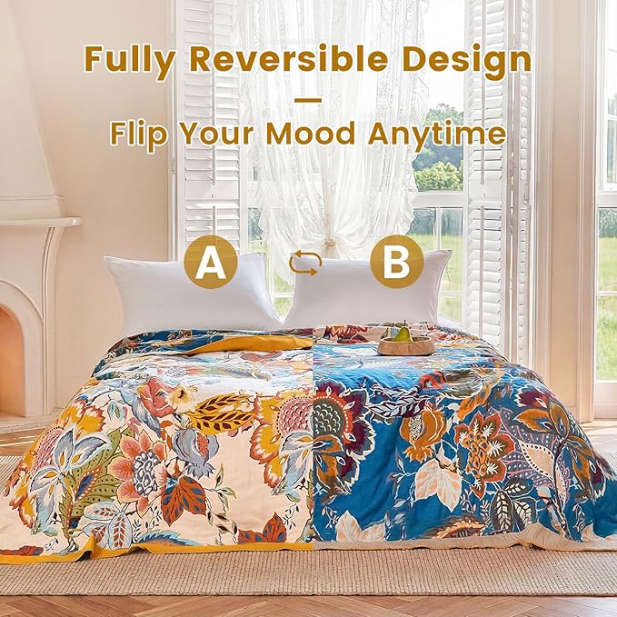 MSGKV Boho Throw Blanket 90"x90" Floral Cotton Blanket - Image 4