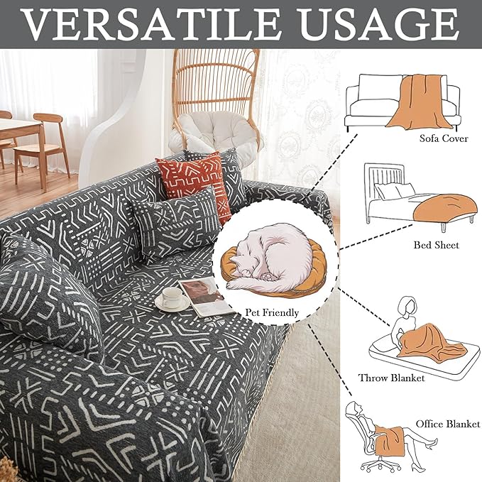 HANDONTIME Black White Boho Sofa Cover Boho Geometric Couch Covers Tassel - Image 6