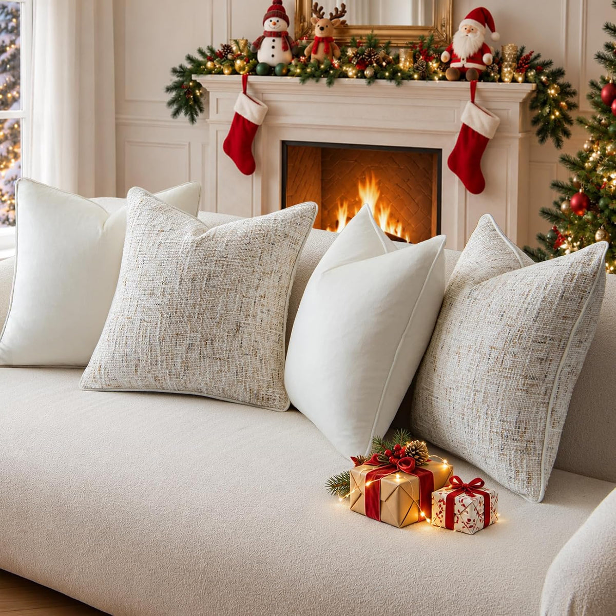 a moment beige 4 pack throw pillow covers shown in use