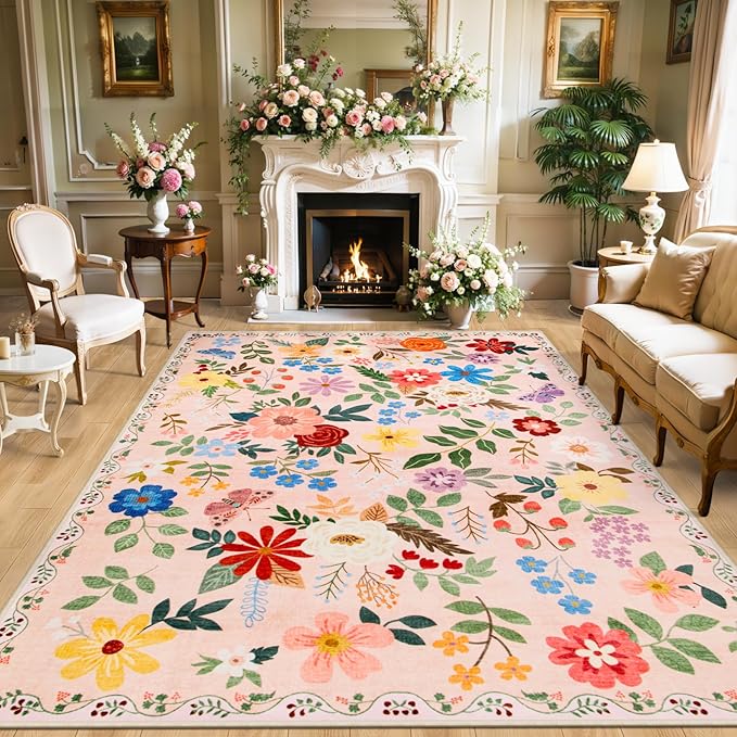8x10 Area Rugs for Living Room: Floral Washable Rug Vintage Large Soft Boho by PLHXFRSoftAreaRugs