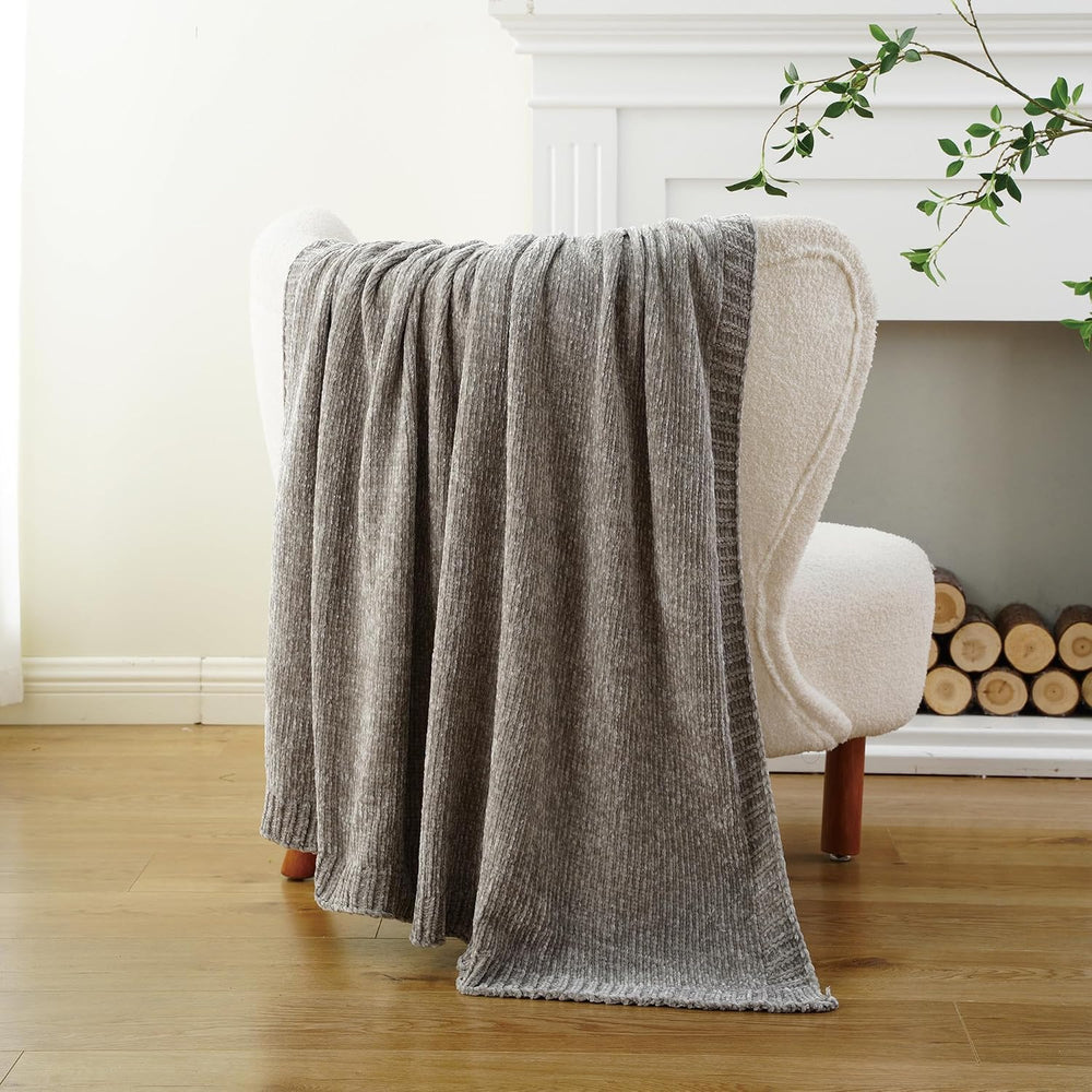 Chenille Throw Blanket for Couch Sofa, Light Grey Throw Blanket 51"x67&q...