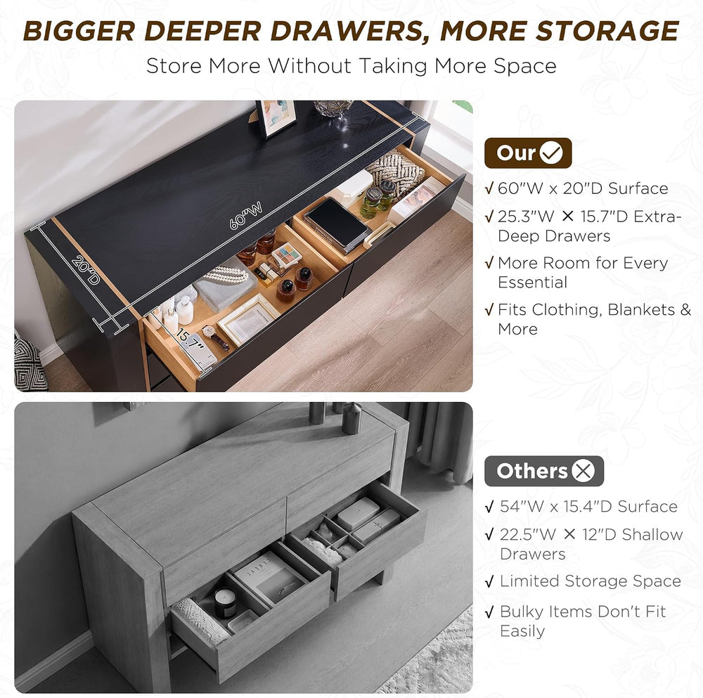 OKD 60" Modern 6 Drawer Dresser for Bedroom, 20" Depth for More Sto...