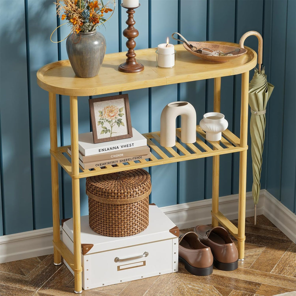 Small Entryway Table Bamboo 30.7", Narrow Hallway Table Oval Top 2-tier,...