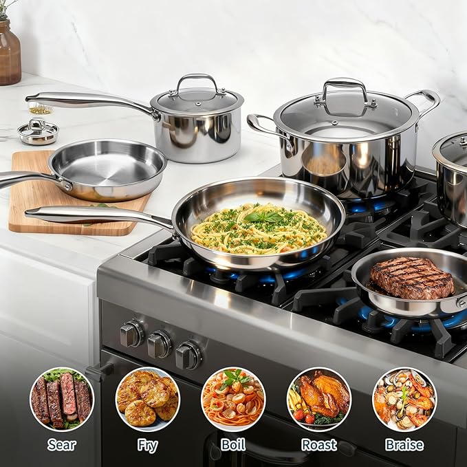 3 Ply Stainless Steel Cookware Set, AIVIKI 10-Pieces Pots and Pans Set