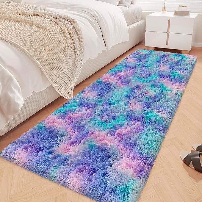 Super Soft Fluffy Living Room Area Rug 2x6 ft Purple Rainbow Tie-Dyed Shaggy by JiaoBaba
