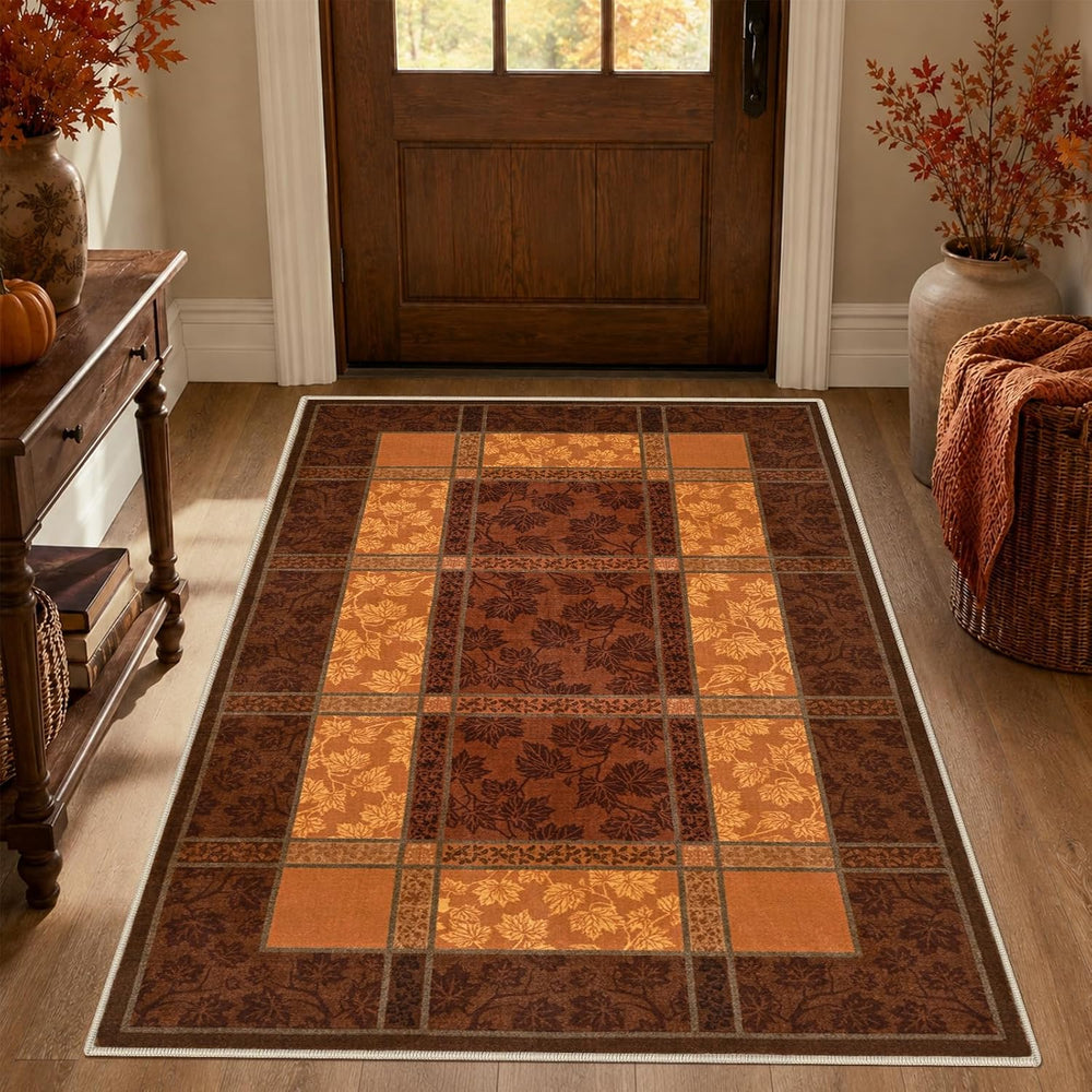Fall Area Rug 3x5 for Entryway, Plaid Washable Rugs Orange