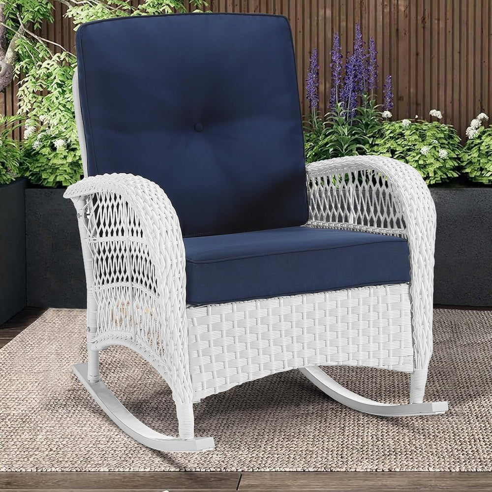 MEETWARM Outdoor Wicker Rocking Chair, Rattan Patio Rocker Chairs with Cushio...