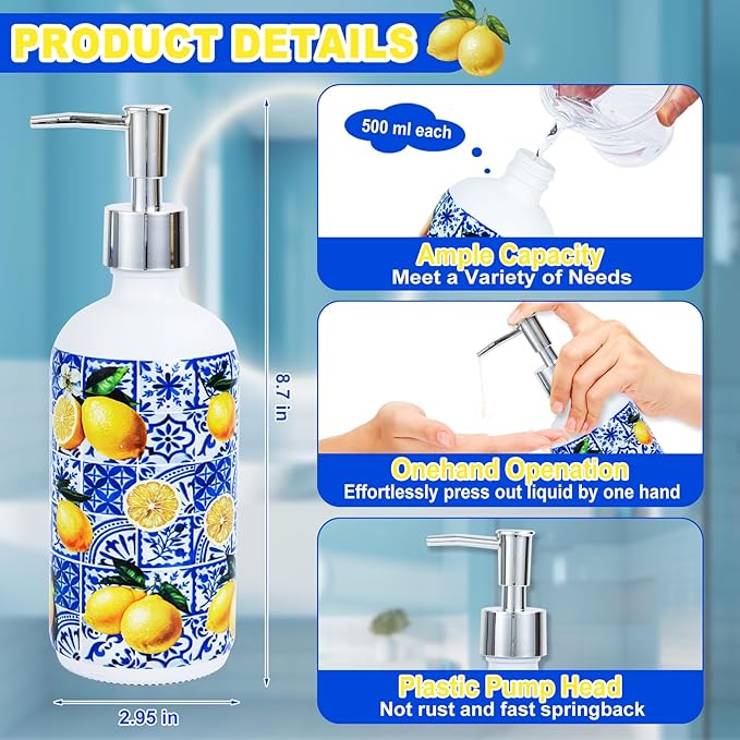 2 Pcs Blue Tiles Lemon Soap Dispenser Blue Tile Yellow Capri Lemon Glass - Image 2