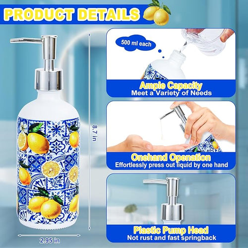 2 Pcs Blue Tiles Lemon Soap Dispenser Blue Tile Yellow Capri Lemon Glass - Image 2