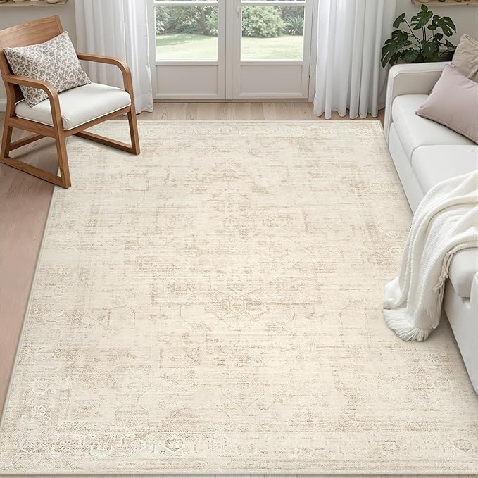 5x7 Area Rugs for Living Room: Vintage Boho Neutral Washable Rug Indoor Soft by Luxturiy
