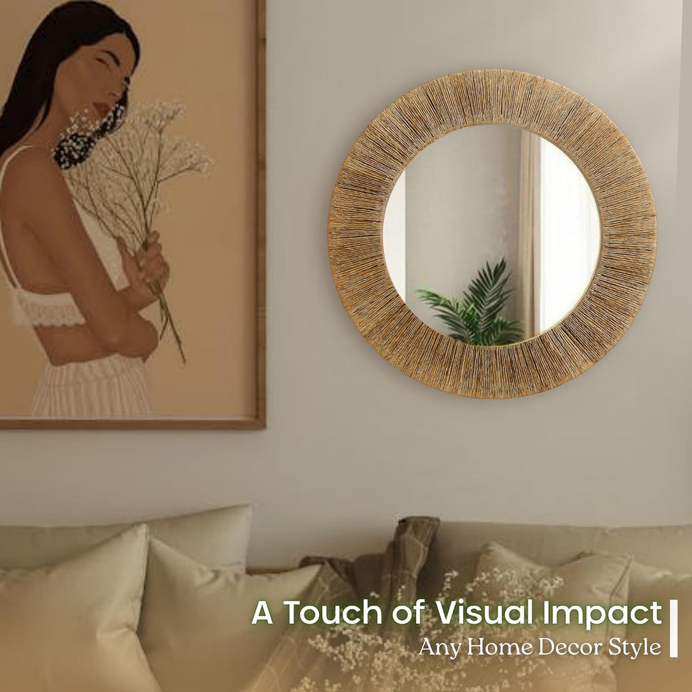 Chi An Home 24 inch Natural Jute Round Wall Mirror, Boho Decor Wall Mirror