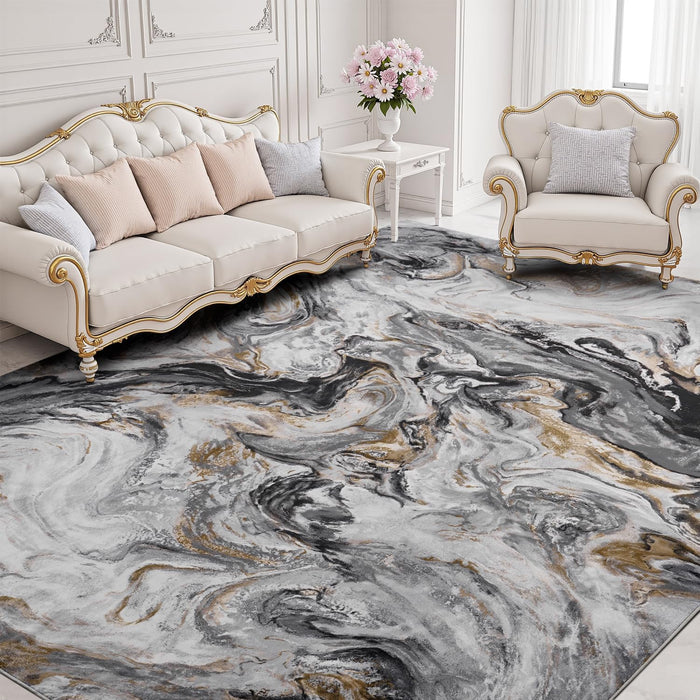 PADOOR Abstract 9'x12' Area Rug, Washable Non-Slip Low Pile, Marble Black