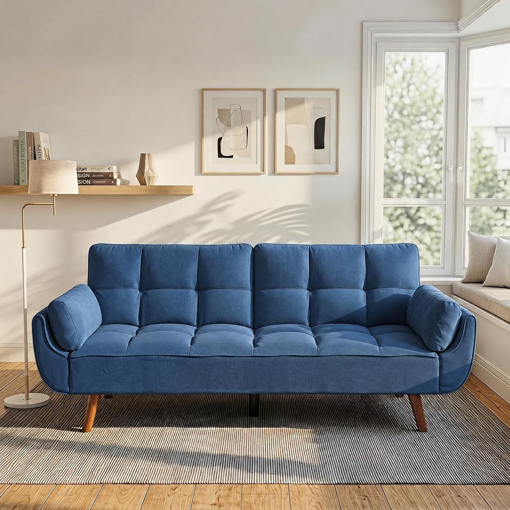 Linen Convertible Futon Couch Bed with Adjustable Backrest, Blue