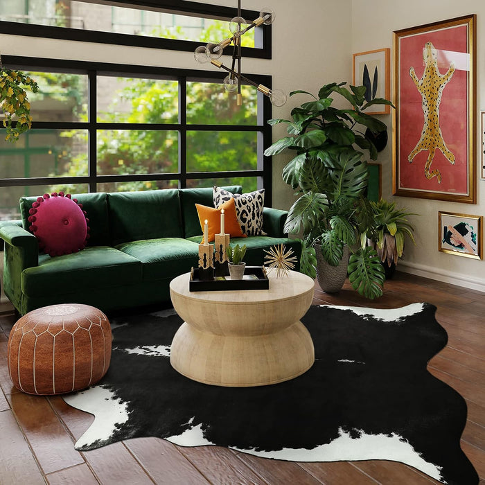 Premium Faux Cowhide Rug 158 x 140 cm/5.2 x 4.6 feet, Durable and Large Size Cow Print Rugs, Suitable for Bedroom Living Room Western Decor, Faux Fur Animal Cow Hide Carpet, Black