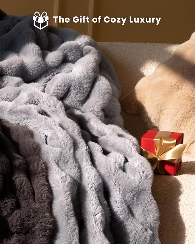 Ultra Soft Cozy Faux Fur Throw Blanket, Fuzzy Plush Thick Bubble Blanket - Image 5