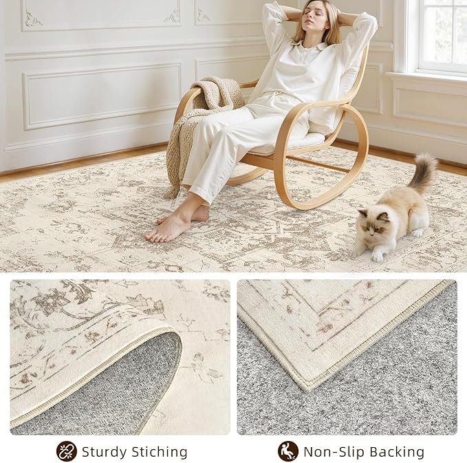 8x10 Area Rugs for Living Room: Vintage Boho Neutral Washable Rug Indoor Soft - Image 4