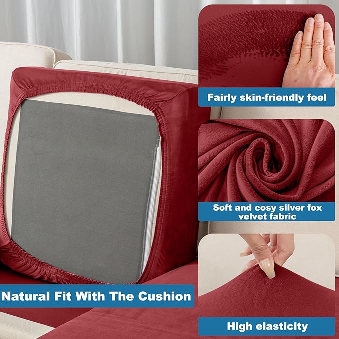 Couch Cover 3-Piece Elastic Velvet Couch Cushion Covers & Chaise Slipcovers - Image 5