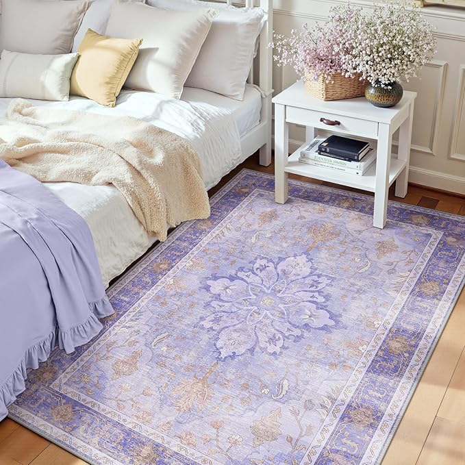 RELEANY Area Rugs 3'x5' Washable Non-Slip, Floral Vintage Distress Print by RELEANY