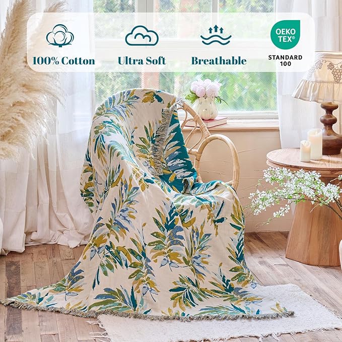 MSGKV Boho Throw Blanket for Bed Cotton 60"x80" Leaves Blanket Twin Size Couch - Image 2