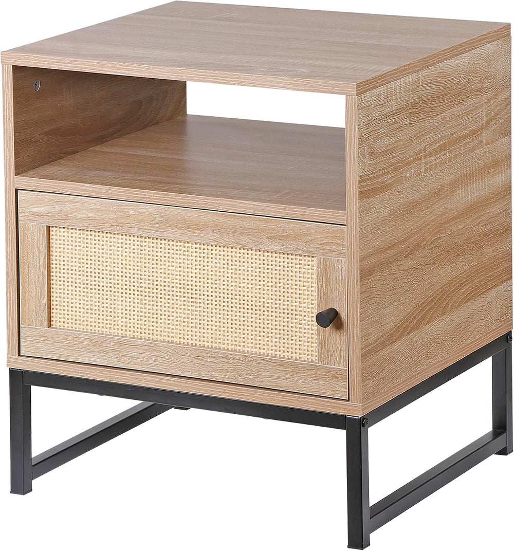 Nightstands End Table, PE Rattan Decor Drawer Opening Shelf, Set of 2 Bed Sid...