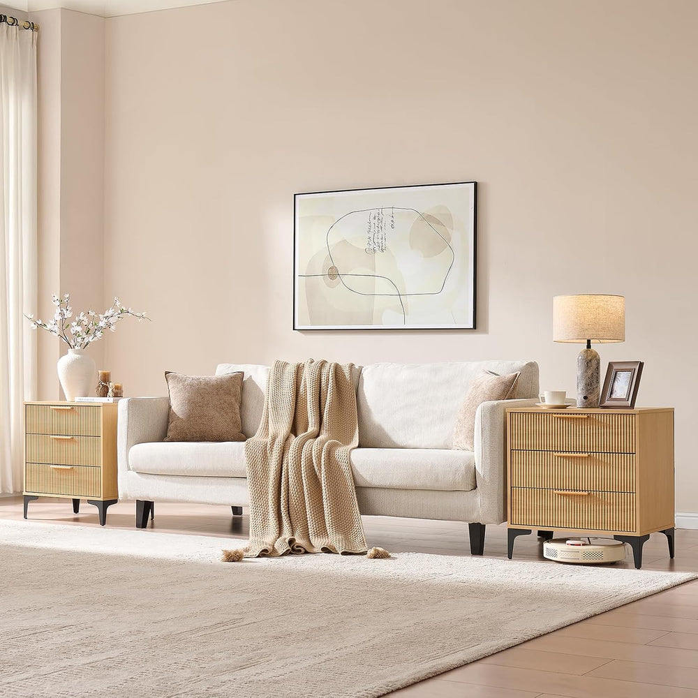 Fluted Nightstand, 23" Wide Accent Side Table with 3 Large Storage Drawers