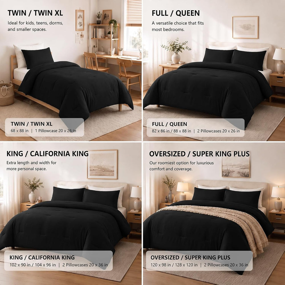 Full Comforter Set, 3 Pieces Down Alternative Bedding, Black