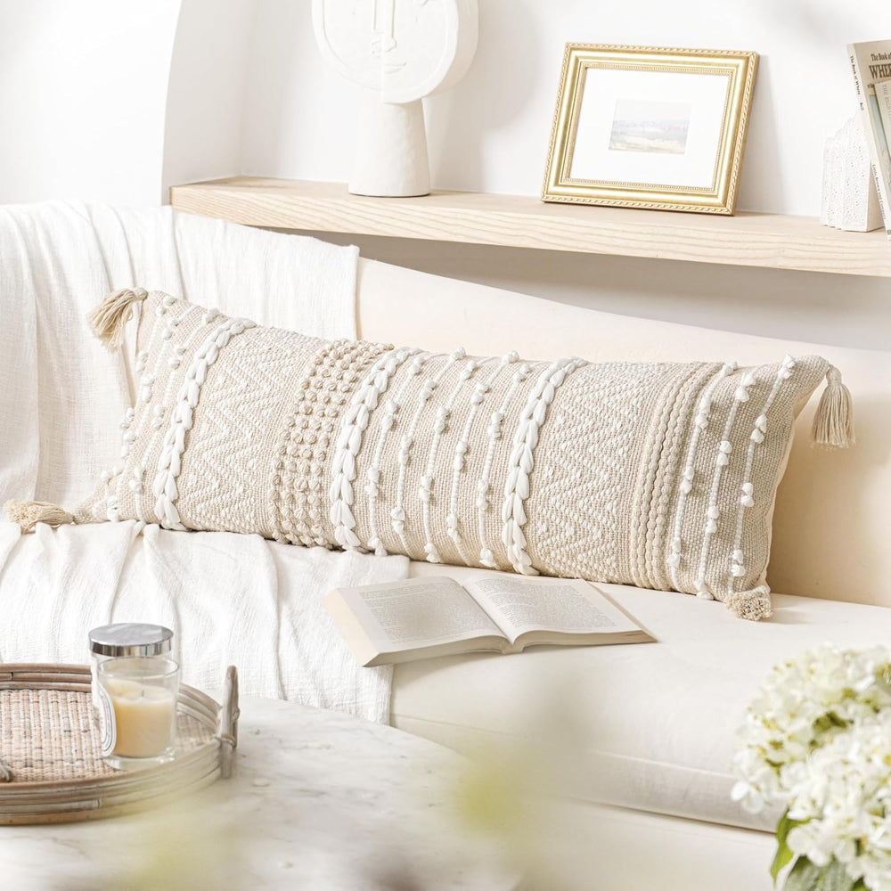 BlissBlush Cream Decorative Lumbar Throw Pillow Cover 14x36 Boho Long Cushion...