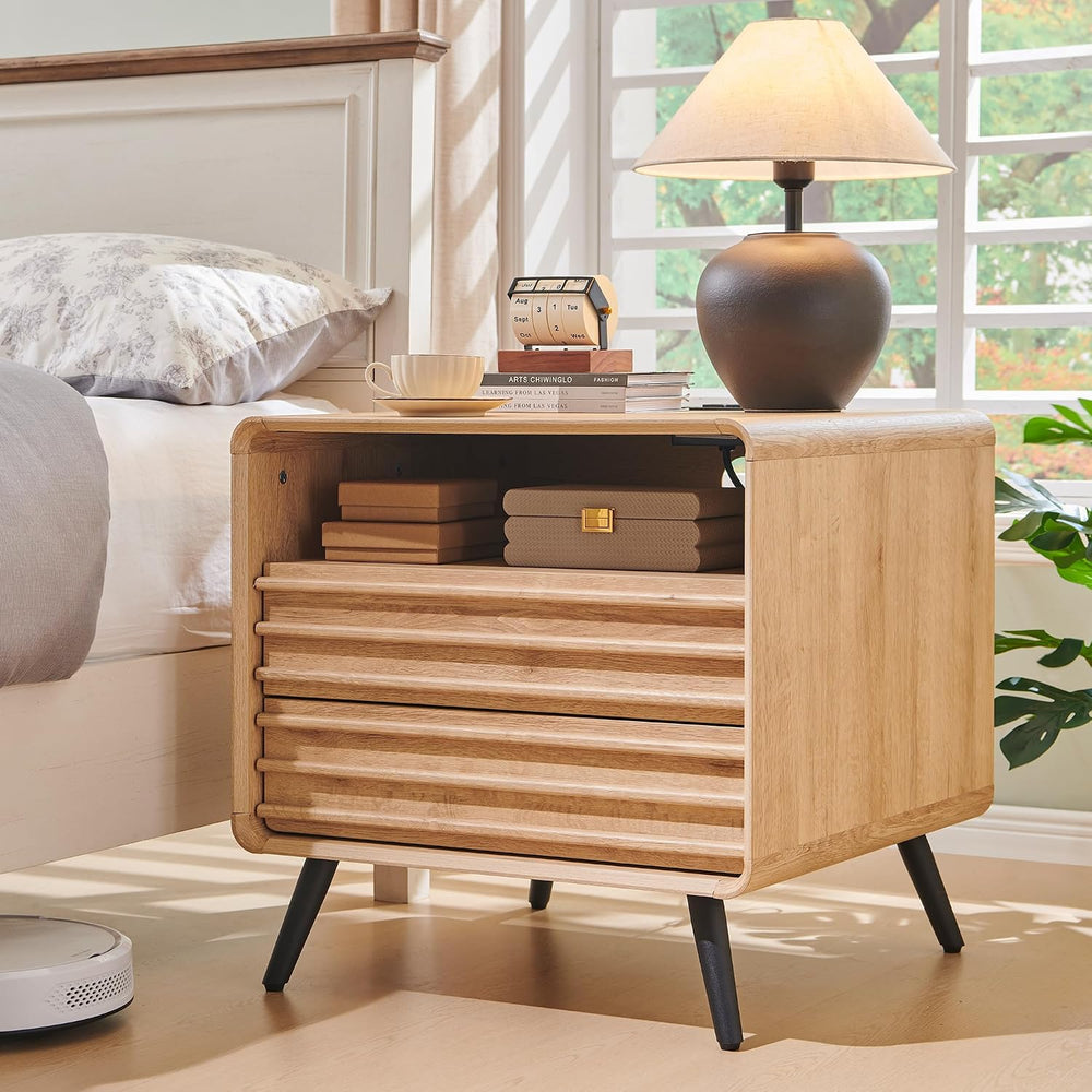 RedLemon 24" Fluted Nightstand with Charge Station, Natural Oak